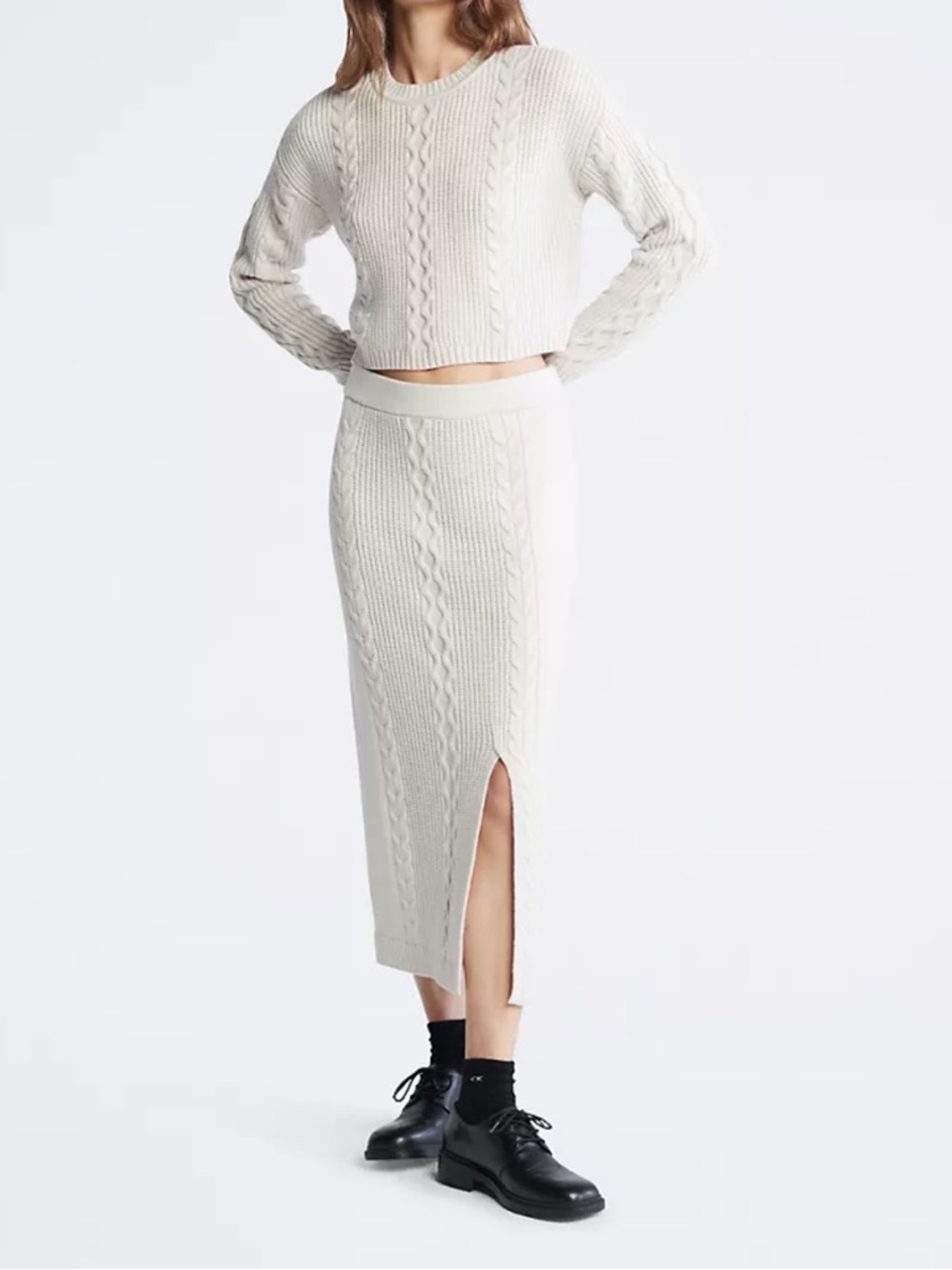 NWT Calvin Klein Women’s Cream Long Cable Knit Skirt Size M 🤍